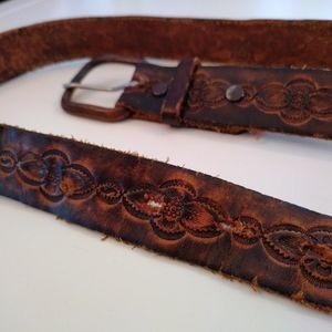 Vintage handmade bohemian brown leather belt with pressed flowers.